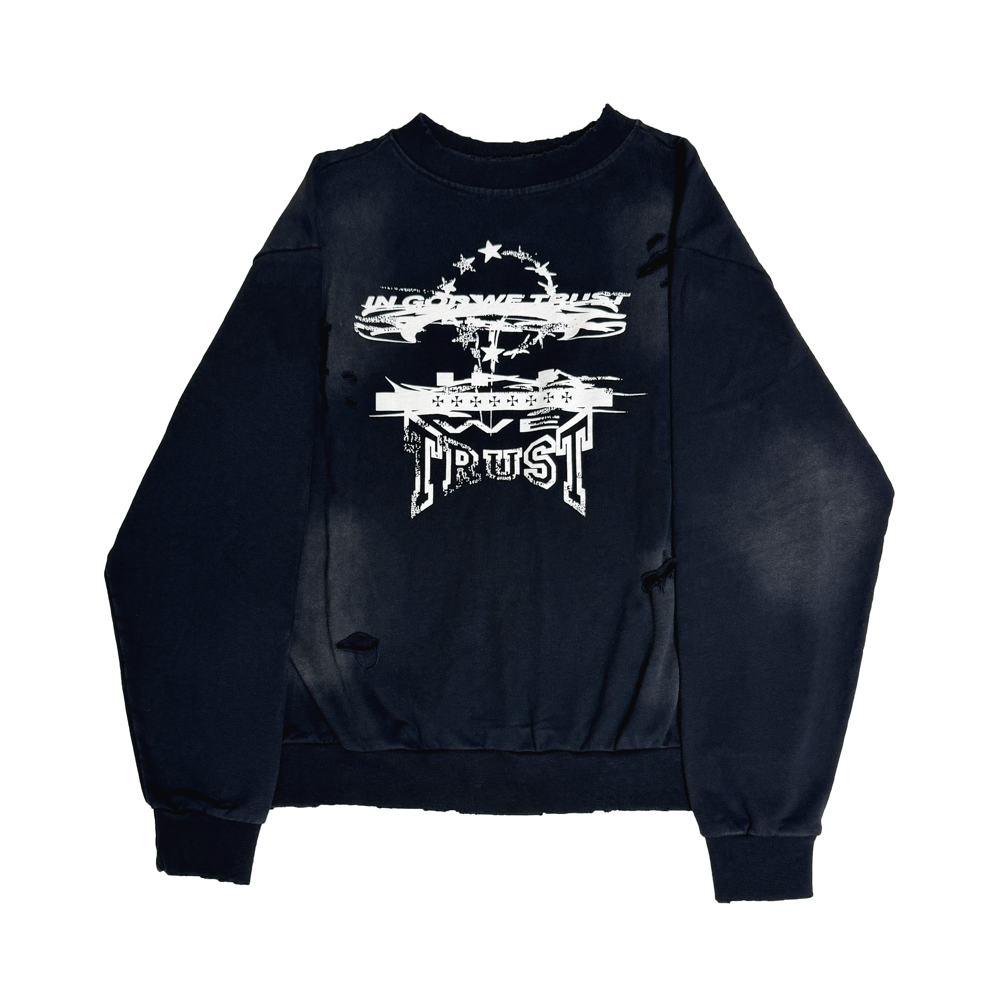 In God We Trust Sweater: Distressed and Acid Washed